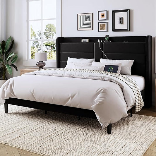 Allewie King Size Platform Bed Frame with Charging Station & Storage Headboard, Upholstered Velvet Wingback Design & USB Port, Strong Wooden Slats Support, No Box Spring Needed, Easy Assembly, Black