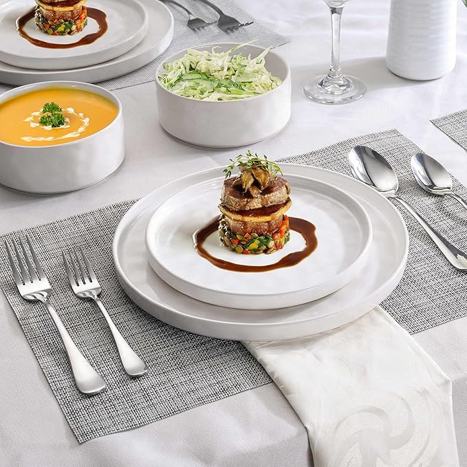 LIANYU Dinnerware Sets with Pasta Bowls for 4, 16 Piece Ceramic Dinner Plates and Bowls Dish Set, Kitchen Speckled Dining Tableware Dishware, Microwave & Dishwasher Safe, Polar White