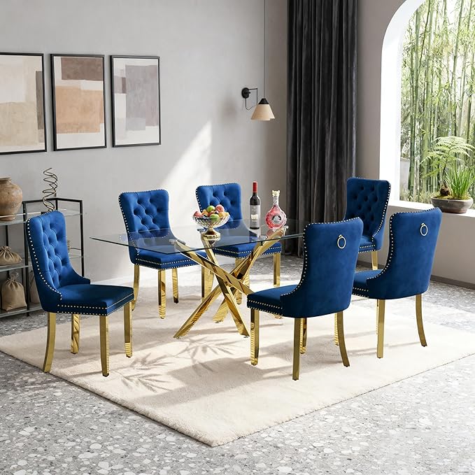 Goujxcy 51" Glass Dining Table Set for 6, Modern Kitchen Table and Chairs Set w/Steel Legs, 7-Piece Dining Table Set w/Glass Gold Dining Table and 6 Blue Velvet Chairs for Kitchen Dining Room