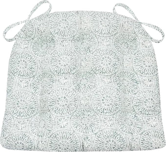 Barnett Home Decor Tibet Spa Dining Chair Pad with Ties - 15 x 17 Size Small Chair Cushion - Latex Foam Fill - Machine Washable, Reversible, 100% Cotton, Made in USA (Mandalas - Blue-Green)