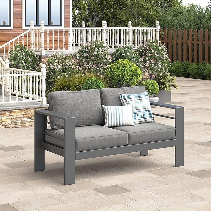 Wisteria Lane Patio Furniture Metal Loveseat, Metal Outdoor Chairs with Upgraded Cushions, All-Weather Outdoor 2 Seats Sofa Couch for Balcony, Garden, Deck, Backyard, Grey