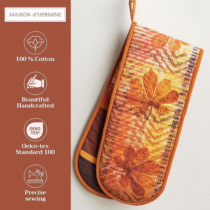 Maison d' Hermine Double Oven Mitt (7" x 35") 100% Cotton Heat Resistant BBQ Cooking Gloves with Loop for Thanksgiving Christmas Decorations Baking Cooking Handling Hot Pan (Thanksgiving Tartan)