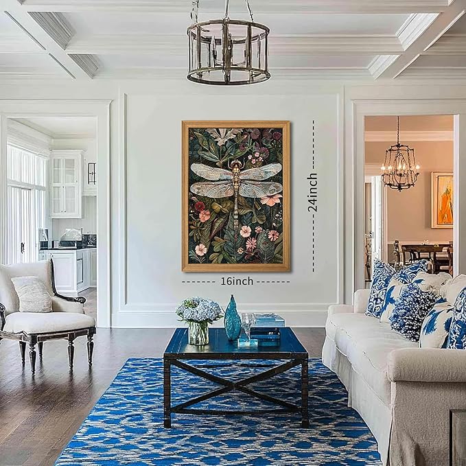 Framed Vintage 3D Textured Wall Art - Dark Green Dragonfly Flowers Wall Decor - Hand Drawn Sandstone Nature Botanical Pictures for Living Room Bedroom Home Decor 24x36in