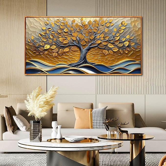 Tree Wall Art for Living Room, Gold Canvas Wall Decor for Bedroom, Picture Print Artwork, Large Size 59 x 29 Inches Framed