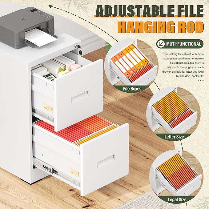 Greenvelly 2 Drawer Metal File Cabinet with Lock, White Vertical Filing Cabinet for Home Office, Lockable Metal File Cabinet for Hanging Letter/Legal Folders, Easy Assemble