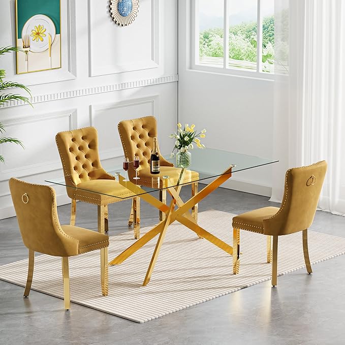 Goujxcy Glass Dining Table Set for 4, Modern Kitchen Table and Chairs Set of 4, 5-Piece Kitchen Dining Room Table Set w/61 Glass Gold Dining Table and 4 Yellow Velvet Upholstered Chairs