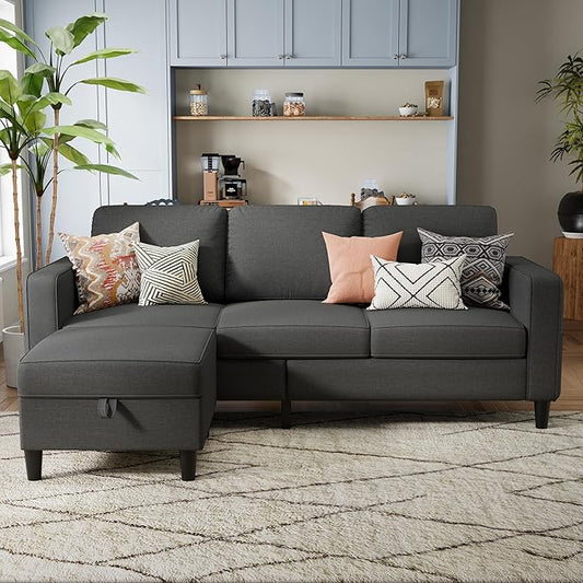 Sectional Sofa Couches for Living Room, Dark Grey 3 Seat L-Shaped Couch with Storage Ottoman, Comfy Linen Convertible Sectionals Sofas with Chaise for Apartment, Office, Small Space