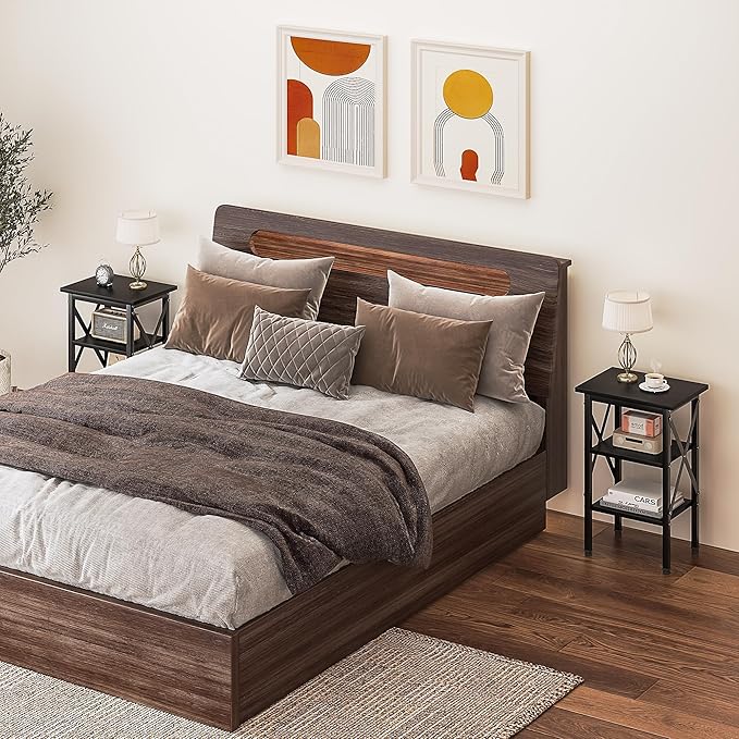 VECELO End Table, Bedside Table, 24" Tall Living Room End Tables, X-Design Reinforced Nightstands, Side Table with 3-Tier Storage Shelves for Small Spaces, Office, Bathroom, Bedroom, Classic Black