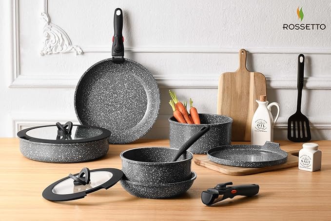 16pcs Aluminium Nonstick Pots and Pans Set from France with detachable Handle, Stackable, Ceramic RV Kitchen Cookware Sets Removable Handle, PFOA and PTFE Free, Oven Safe, Induction