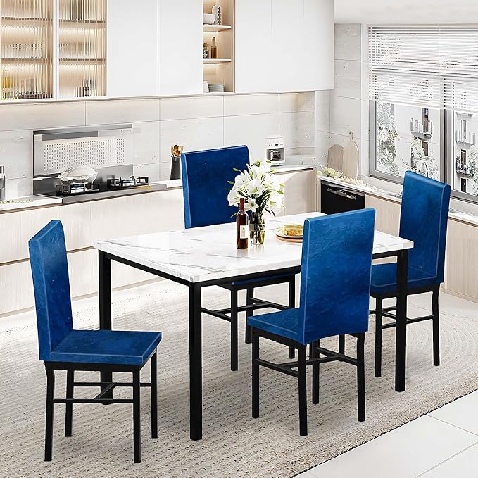 Dining Table Set for 4, 47.2" Faux Marble Kitchen Table Set with 4 Upholstered Velvet Chairs, Dinette Table Set for Dining Room, Kitchen, Breakfast Corner (Blue)