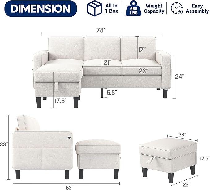 Sectional Sofa Couches for Living Room - Beige 3 Seat L-Shaped Couch with Type-C Charging Port & Storage Ottoman, Comfy Linen Convertible Sectionals Sofas with Chaise for Apartment