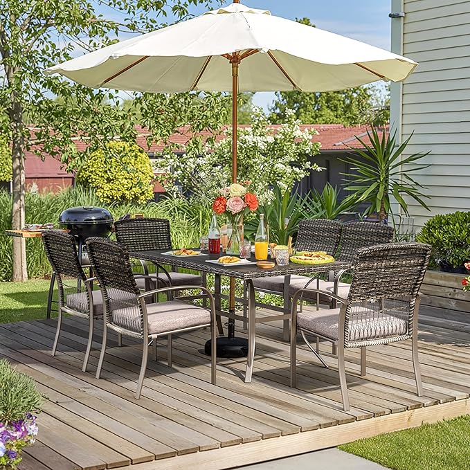Pamapic 7-Piece Outdoor Dining Set, Grey Wicker Patio Furniture with Removable Cushions & Iron Slat Table, All-Weather Garden/Deck/Backyard Furniture Set (Grey)