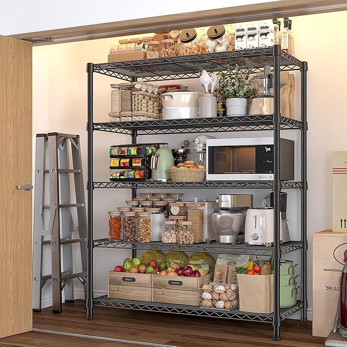REIBII Storage Shelves 71" H Tall Wire Shelving Unit Sturdy Metal Shelves Adjustable Wide Pantry Shelves 5 Tier Deep Heavy Duty Metal Shelving Load 1500LBS,Dorm Room Essentials Dorm Storage Rack