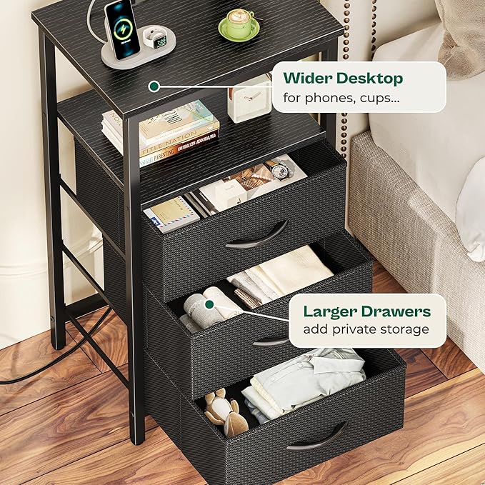 Huuger Night Stand with Charger Station and LED Lights, 3 Drawer Nightstand, Bed Side Table with Open Shelf, End Table, Tall Fabric Dresser for Bedroom, Black