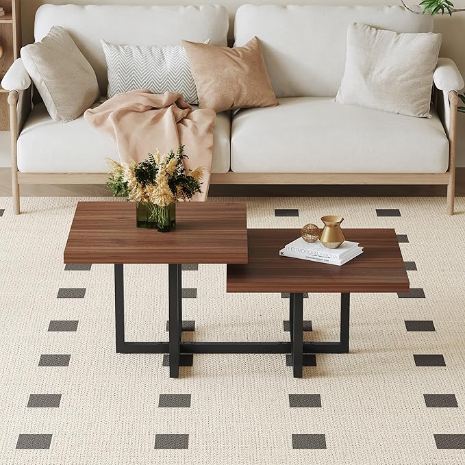 Modern Coffee Table,47" Double Layer Coffee Table,Walnut Color Square Center Tables for Living Room, Easy to Assemble and Clean