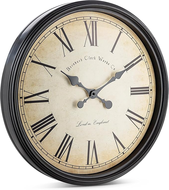 Bernhard Products Large Decorative Wall Clock 20 Inch Silent Non Ticking Battery Operated Quartz Vintage Stylish with Rustic Black Rim for Home Living/Dining Room Kitchen & Over Fireplace