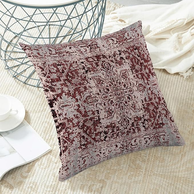 Boho Throw Pillow Covers 18x18 Inch Set of 2, Christmas Burgandy Red Decorative Throw Pillow Covers Carpet Pattern Wine Red Outdoor Cushion Cover for Sofa Couch Farmhouse Room Bed Decor
