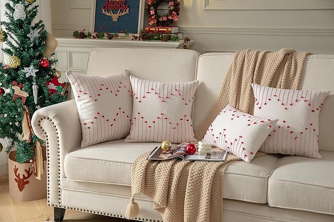 Caflife Boho Christmas Throw Pillow Covers 12x20 Set of 2, Holiday Christmas Decorative Pillow Covers Beige with Red Line for Modern Farmhouse Couch Sofa Bedroom Living Room Outdoor
