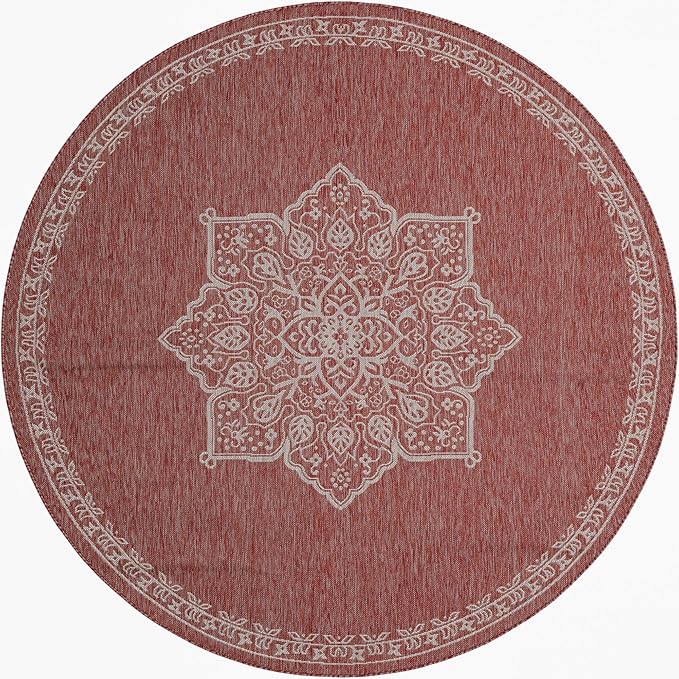 Unique Loom Outdoor Traditional Collection Area Rug - Antique (7' 10" Round Rust Red/Ivory)
