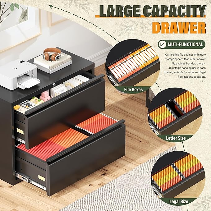Greenvelly Lateral File Cabinet 2 Drawer, Lockable Metal Filing Cabinet for Home Office, Black Metal File Cabinet with Lock for Legal/Letter/A4/F4 Size with Hanging Bars&Key