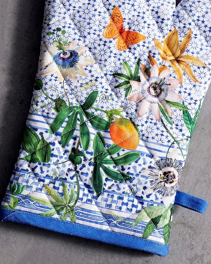 Maison d' Hermine 100% Cotton Oven Mitt & Pot Holder Set (7.5"x13" & 8"x8") Heat Resistant BBQ Cooking Gloves with Loop, Baking, Grilling, Kitchen, Handling Hot Pans Spring/Summer (Passiflora)