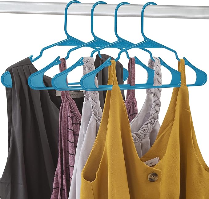 Royale Linens 60 Pack Blue Plastic Hangers for Clothes - Heavy Duty Clothes Hanger for Everyday Use - Lightweight & Space Saving Notched Plastic Hangers
