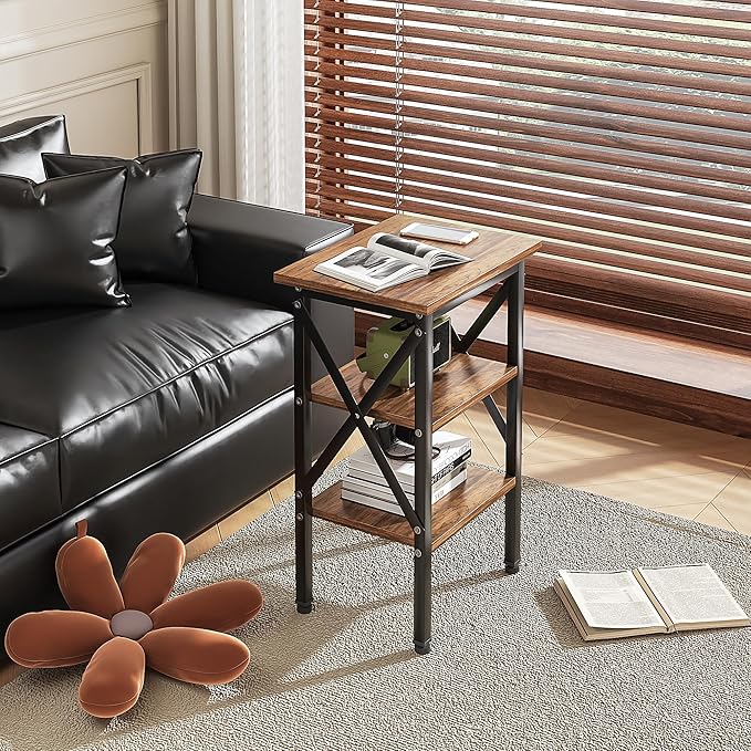 VECELO End Table, Bedside Table, 24" Tall Living Room End Tables, X-Design Reinforced Nightstands, Side Table with 3-Tier Storage Shelves for Small Spaces, Office, Bathroom, Bedroom, Rustic Brown