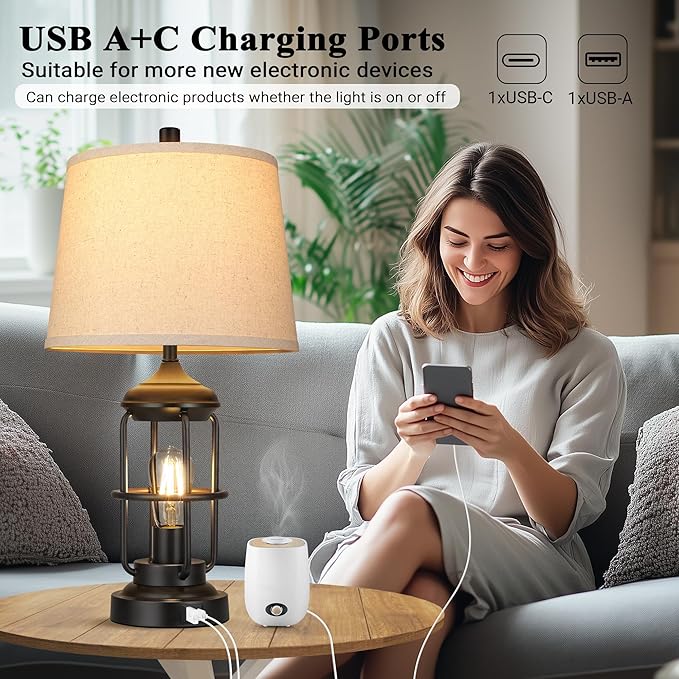 QiMH Table Lamp for Bedroom with USB A+C Ports, Farmhouse Bedside Lamp with Night Light, 3-Way Dimmable Touch Control, Rustic Industrial Nightstand Lamp for Living Room,Bulbs Included,Black, 1 Pack