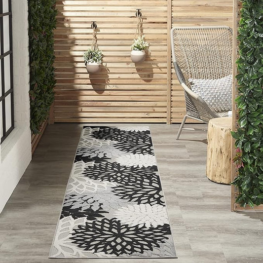 Nourison Aloha Indoor/Outdoor Black White 2'3" x 12' Area Rug, Tropical, Botanical, Easy Cleaning, Non Shedding, Bed Room, Living Room, Dining Room, Deck, Backyard, Patio (2x12)