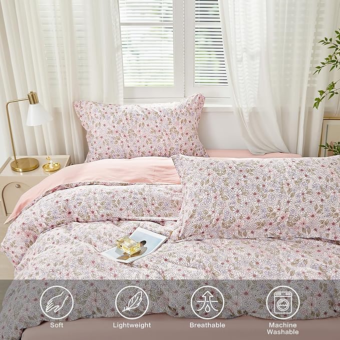 SAPHREAS Duvet Cover Set Twin 2pcs Blue Pink Floral Blossom Bedding Comforter Cover Set 100% Cotton 1 Duvet Cover 68"x90" 1 Pillow Sham, Comforter Not Included
