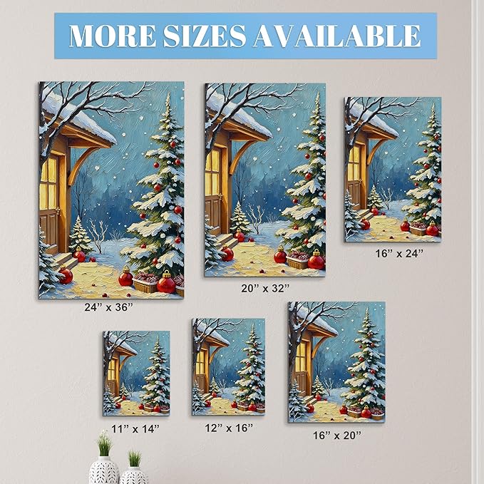 Framed Christmas Pictures Wall Decor,Vintage Pine Tree Prints,Winter Christmas Canvas Wall Art Decoration for Bedroom Bathroom Living Room Rustic Xmas Holiday Gifts (Christmas Tree 21, 12'' X 16'')