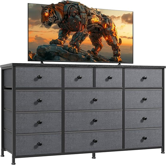 Grey Dresser with 13 Fabric Dresser，Tv Console for 40,50,55 inch, Entertainment Center, Storage Drawers for Living Room, Hallway, Entryway 47.2" Wx 33" H X 11.8" D