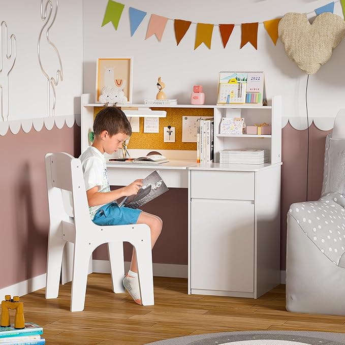 PakaLife Kids Study Desk and Chair Set,ChildrenTable with 3-Color Lights(Not Rechargeable),Tiltable Desktop,Multi Functional for Kids 5-12,Storage Wooden Student Writing Desk with Hutch for Bedroom