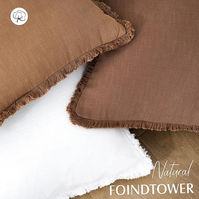Foindtower Set of 2 Decorative Linen Fringe Throw Pillow Covers Cozy Boho Farmhouse Cushion Cover with Tassels Soft Accent Pillowcase for Couch Sofa Bed Living Room Home Decor, 24×24 Inch, Rust