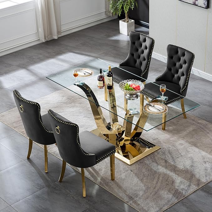70" Modern Gold Glass Dining Table Set for 4, 5-Piece Rectangle Kitchen Dining Room Table Set with Steel Base & 4 Black Velvet Upholstered Chairs, Modern Glass Kitchen Table and Chairs Set of 4