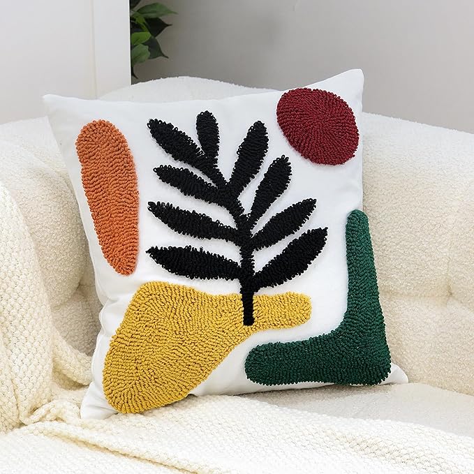 Boho Accent Pillow Covers 18x18- Tufted Abstract Modern Square Throw Pillow Covers, Farmhouse Decorative Pillowcase for Couch, Sofa, Bed, Living Room-Dark Green Khaki Red Geometric Black Leaf