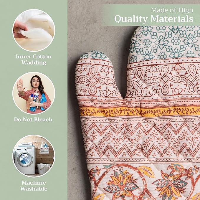 Maison d' Hermine Oven Gloves 100% Cotton Oven Mitt 7" x 13" with Loop Heat Resistant BBQ Cooking Gloves for Thanksgiving Christmas Decorations Baking Handling Hot Pans (Pack of 1, Nila)