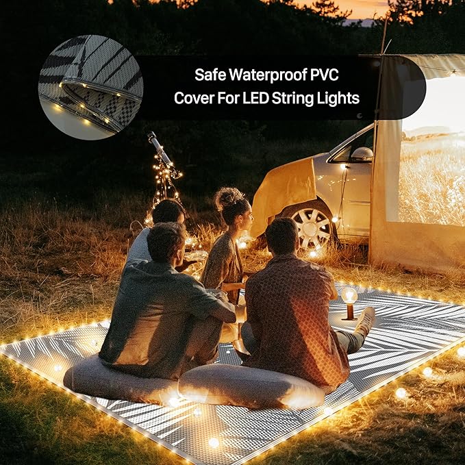GENIMO Outdoor Rug 6' x 9' Waterproof for Patios Clearance, Reversible Outdoor Plastic Straw Camping Rug Carpet with LED String Light, Area Rugs Mats for RV, Camper, Deck, Balcony, Porch, Grey&White