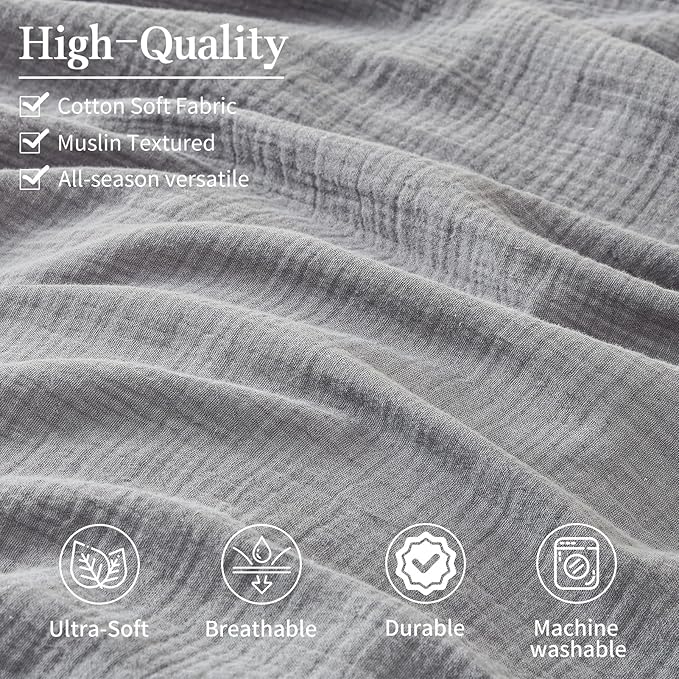 MEISHANG Muslin Duvet Cover Queen Size - 100% Organic Cotton, Soft Textured Gauze Weave Comforter Cover for Breathable All-Season with Zipper Closure - 3 Piece Set (Queen, Dark Grey)