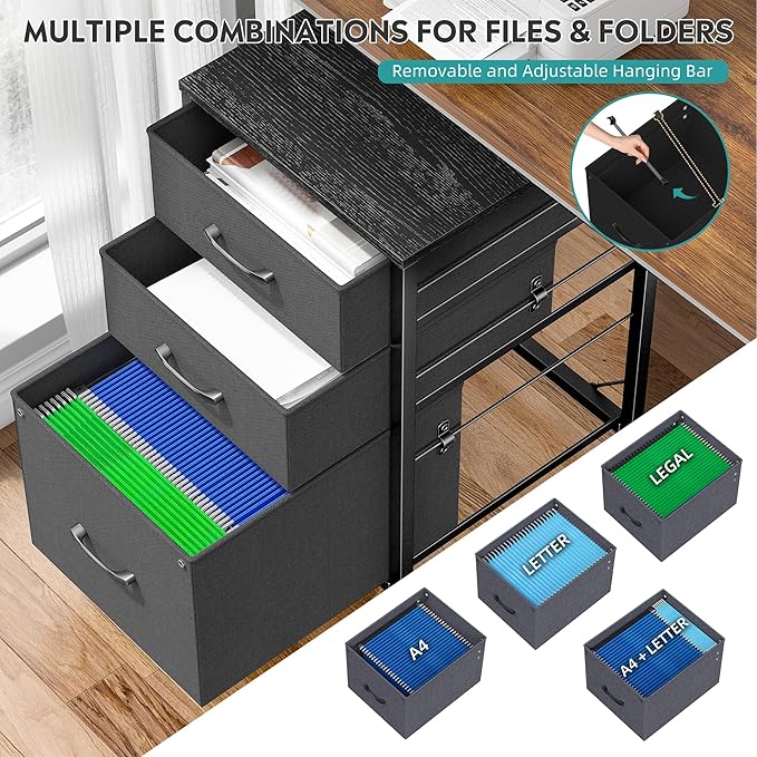 Raybee 3 Drawer File Cabinet Printer Stand Filing Cabinet Rolling File Cabinets for Home Office Fabric Vertical Office Storage Cabinet Fits A4, Legal, Letter Size, 16.7" D*16" W*26.8" H, Black