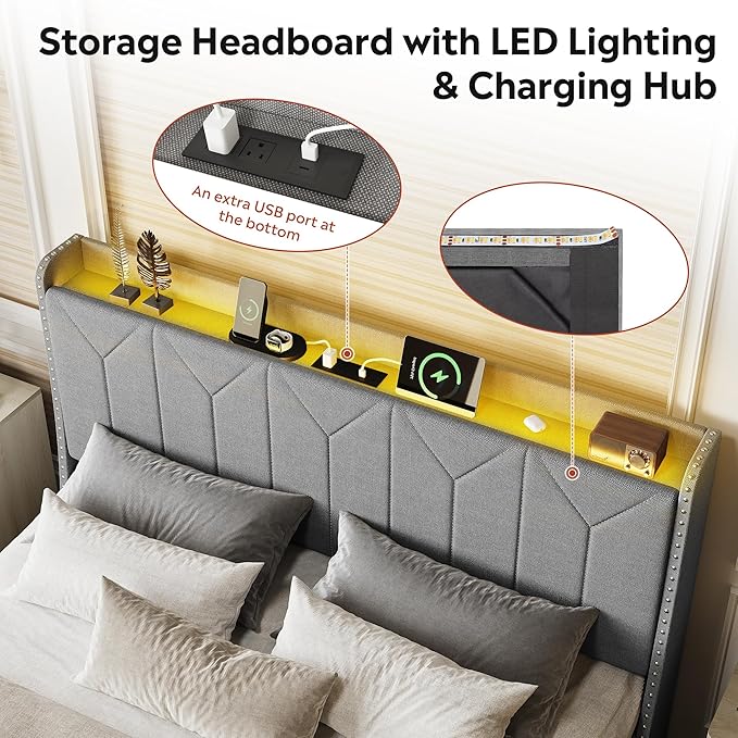 WLIVE Queen Size Upholstered Bed Frame with 2 Drawers, Linen Tufted Storage Headboard with Charging Ports and LED Light, Sturdy Metal & Wooden Slats Support, No Box Spring Needed, Light Grey
