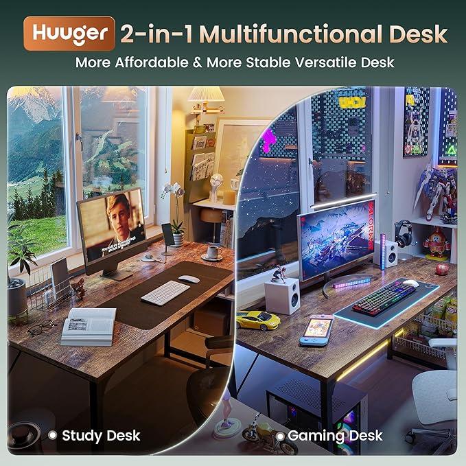 Huuger Computer Desk, 55 Inch Home Office Desk, Gaming Writing Work from Home Study Desk, Large Legroom, Sturdy Metal Frame, Modern Simple, Rustic Brown