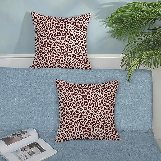 Leopard Print Pillow Covers 18x18 Pack of 2 Burgundy Red Animal Pattern Cheetah Decorative Throw Pillow Cover Outdoor Decor Boho Abstract Modern Pillowcase Farmhouse Cushion Case for Home Sofa