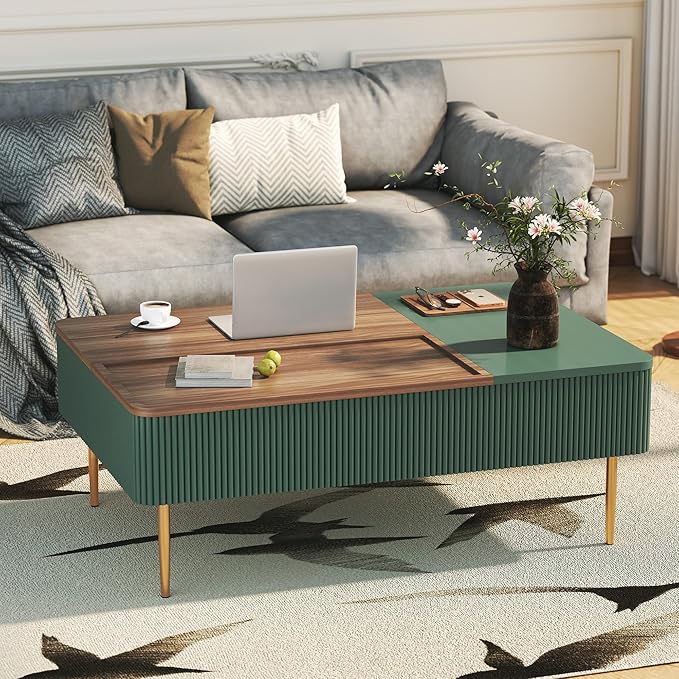 HLR 47" Dual Lift Top Coffee Table with Storage, Modern Wood Fluted Coffee Table with Hidden Compartment for Living Room, Office, Green
