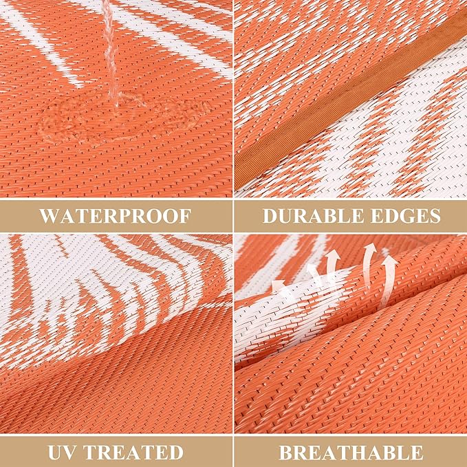 Pauwer Waterproof Outdoor Rug 6x9, Reversible Plastic Straw Patio Camping Rug, Indoor Outdoor RV Mat Carpet for Deck, Camper, Porch, Balcony, Backyard, Picnic, Leaf Orange