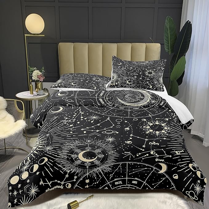 Tailor Shop Sun and Moon Comforter Sets Twin Size,Stars Space Psychedelic Bedding Set for Kids Boys Teens,Boho Bedding Mandala Comforter Sets with 1 Pillowcases