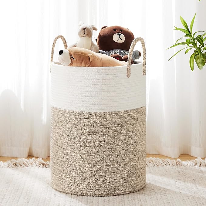 Cotton Rope Laundry Basket by YOUDENOVA, 58L Woven Collapsible Laundry Hamper, Clothes Hamper with Reinforced Handles in the Laundry Room, Bedroom, Bathroom, Brown