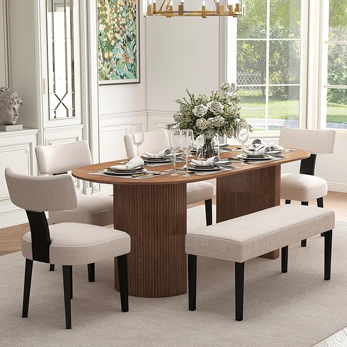 Farmhouse Upholstered Dining Bench Seat, 45" Linen Entryway Bench with Black Wood Legs, Mid Century Modern End of Bed Bench for Kitchen Bedroom Living Room Hallway, for 2-3 Person, Beige