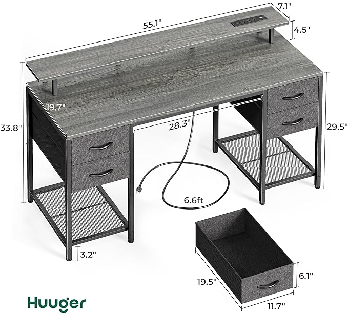 Huuger 55 inch Computer Desk with 4 Drawers, Gaming Desk with LED Lights & Power Outlets, Home Office Desk with Large Storage Space for Bedroom, Work from Home, Gray