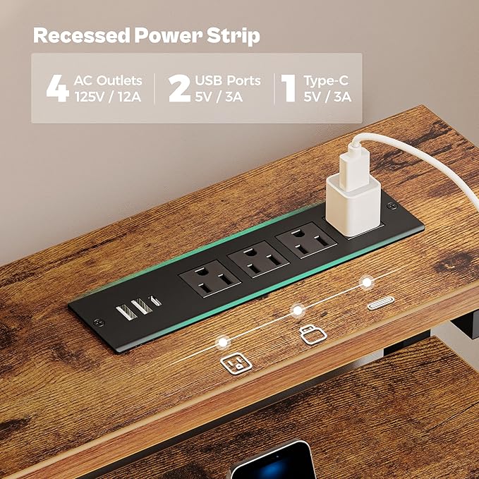 Huuger Gaming Desk with 6 Drawers, Computer Desk with LED Lights Power Outlets and Type-C, 55 Inch Office Desk with Storage, Monitor Stand, Writing Desk Work Desk for Home Office, Study, Rustic Brown